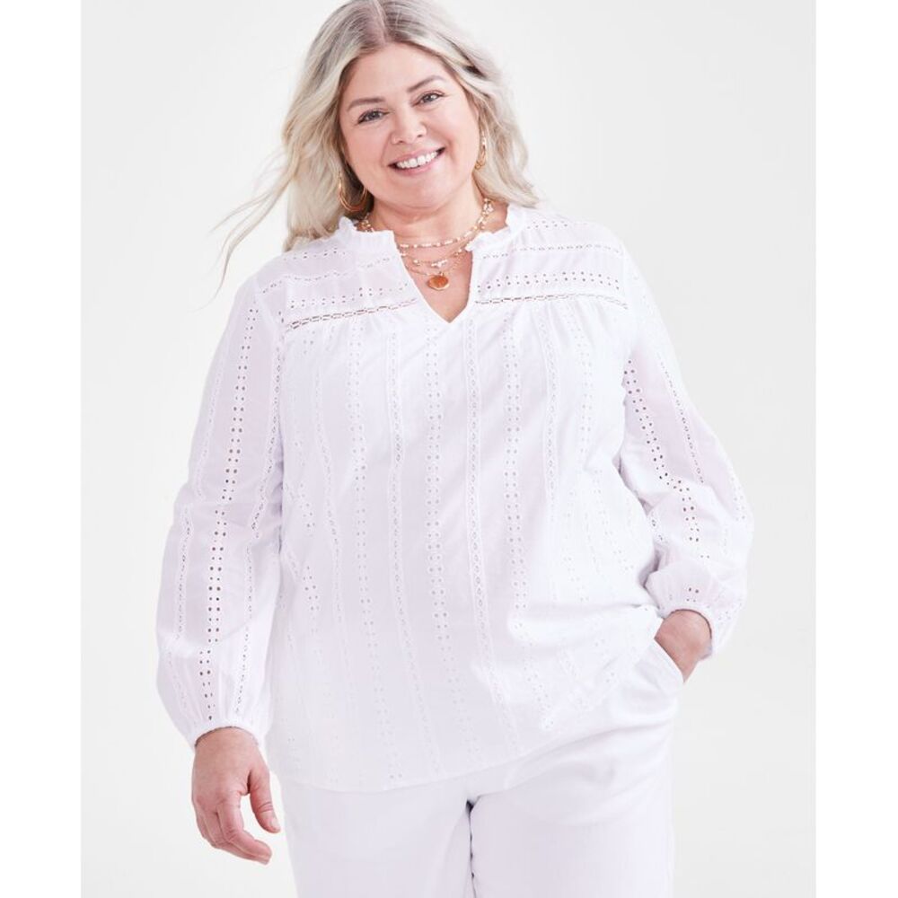 Style & Co. Plus Size Cotton Eyelet-Embroidered Split-Neck Top